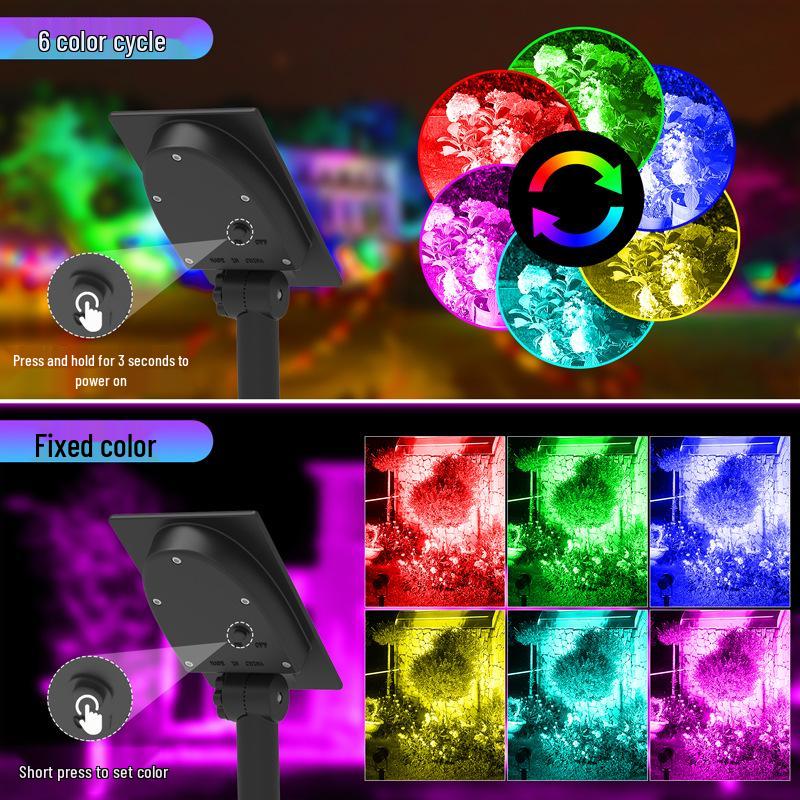 RGB Солнечный светодиодный прожектор для сада, газона, виллы и двора с водонепроницаемым колышком для втыкания в землю.