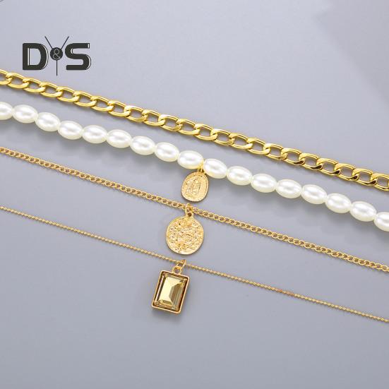 Многослойное ожерелье для женщин, 4-слойное ожерелье из искусственного жемчуга, комплект из золотой цепочки, свадебные украшения