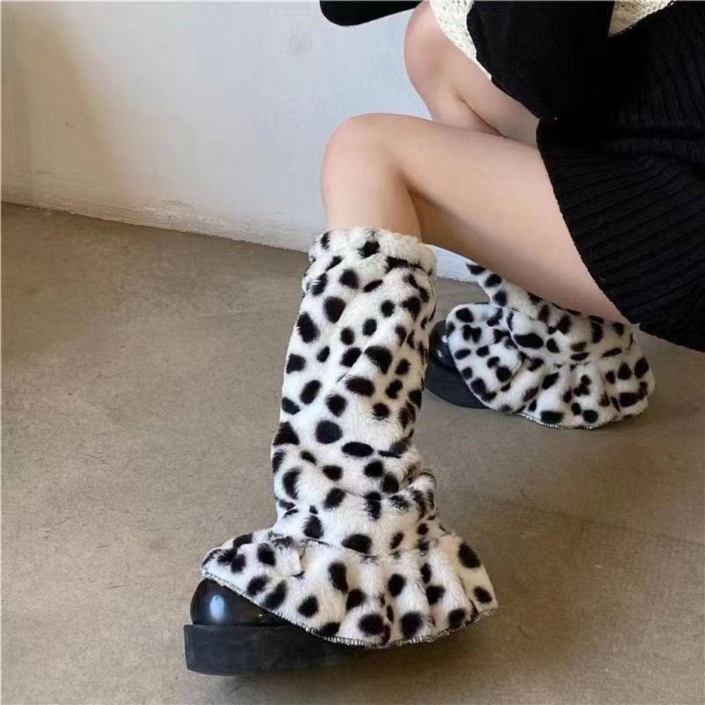 Y2K Winter Leg Warmers Dot Stripe Long Stockings Vintage Plush Leg Coverings Streetwear