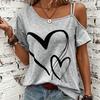 Heart Print Off the Shoulder Short Sleeve Asymmetrical T-shirt Casual Sexy Top with Slight Stretch Micro Elasticity Random Printing Machine Washable