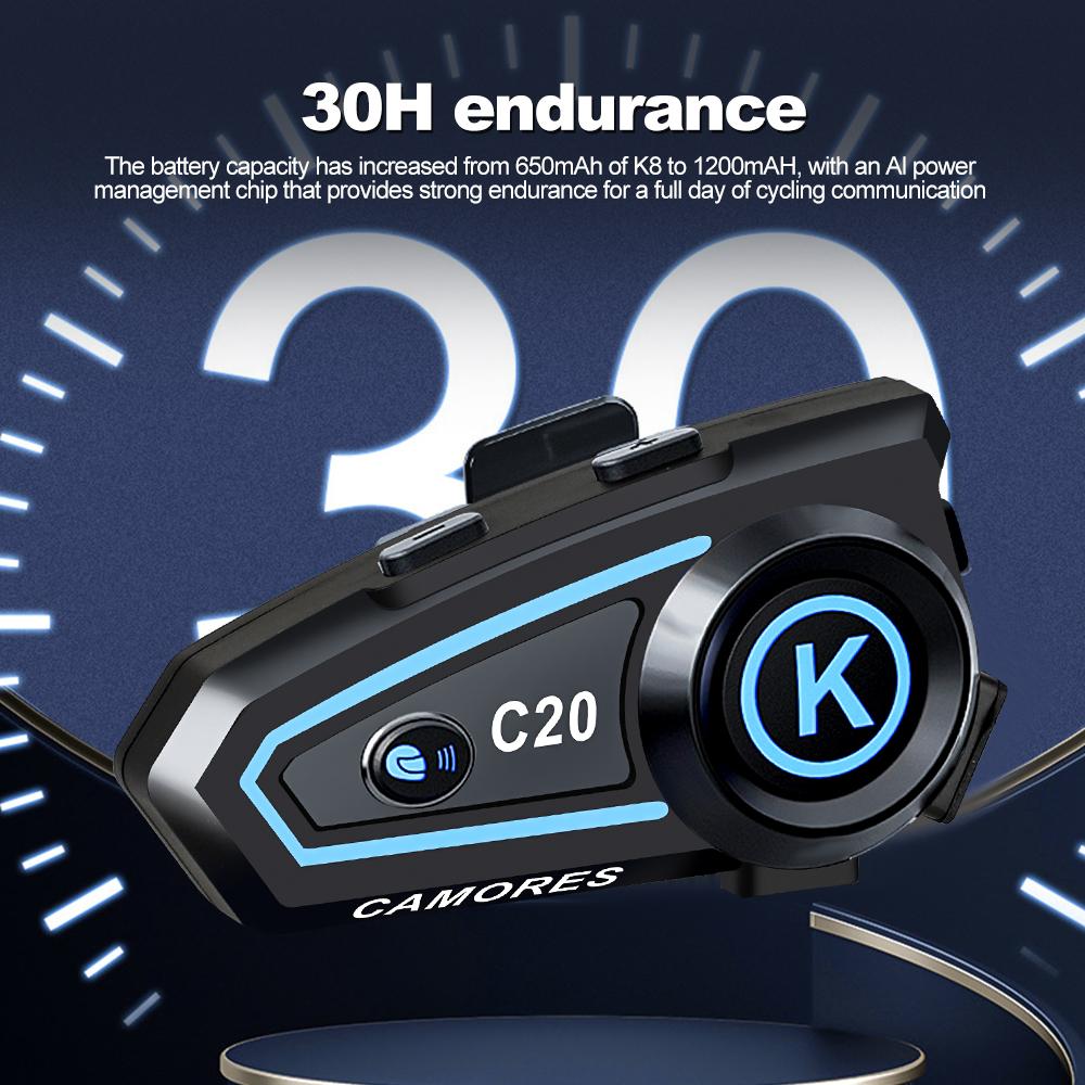 C20 Мотоциклетный шлем гарнитура стерео Bluetooth Hands Free Звонок IPX6 Водонепроницаемый 1200mAh с трехцветной подсветкой