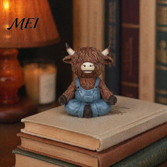 Farmhouse Style Figurines Yoga Highland Cow Resin Figurine, Overalls Statues, Waterproof Healing Atmosphere Decor Garden Ornament for Indoor