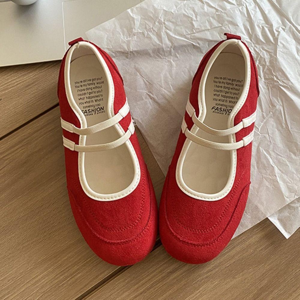Туфли Мэри Джейн в стиле Color Blocking Женские из синтетической кожи Противоскользящие с круглым носком на плоской подошве Уличный стиль Балетный стиль Одиночные туфли