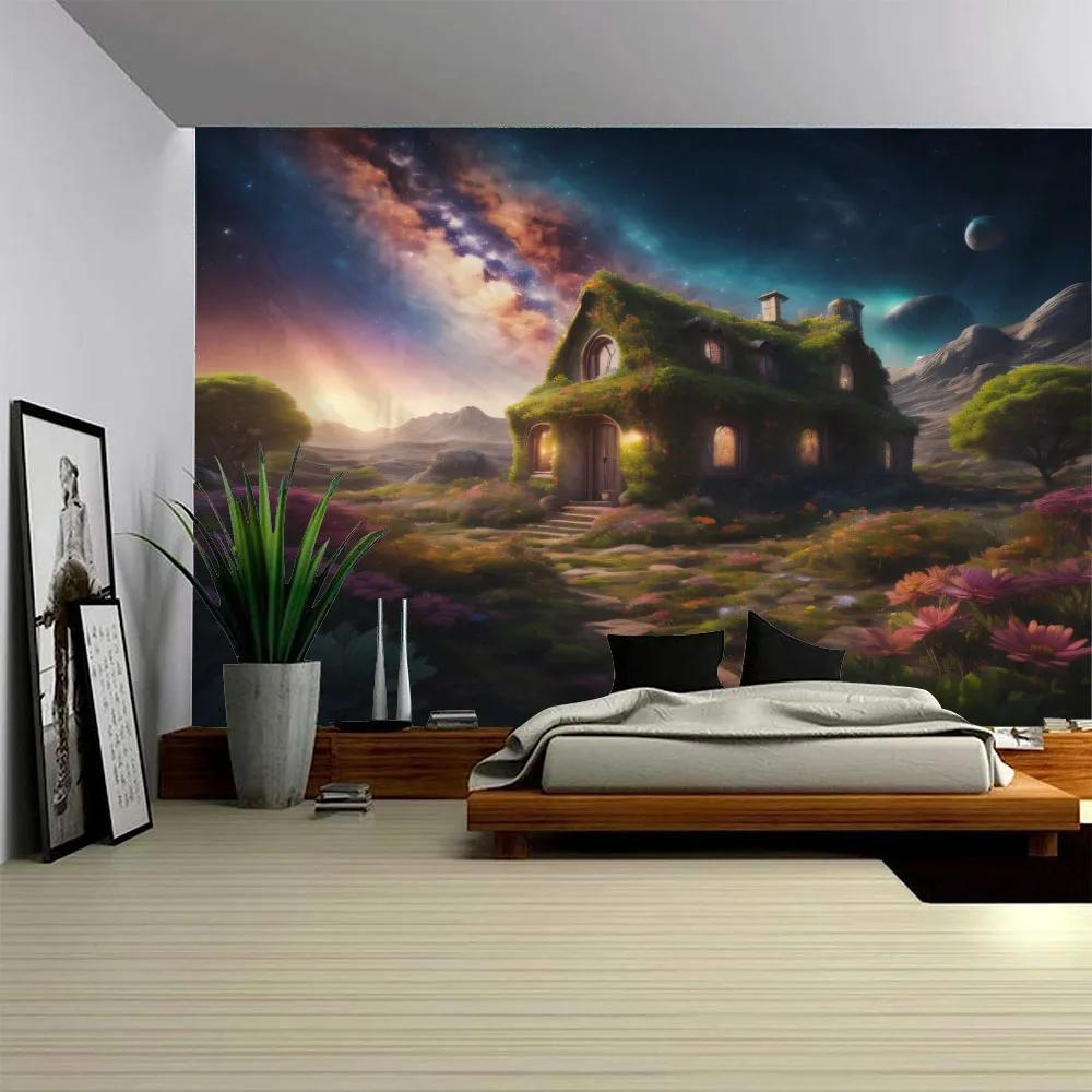 Dreamy Fairy Tale Scenery Grand Tapestry Ancient Tree House Cartoon Forest Mural Aesthetic Room Background Wall Hanging Cloth