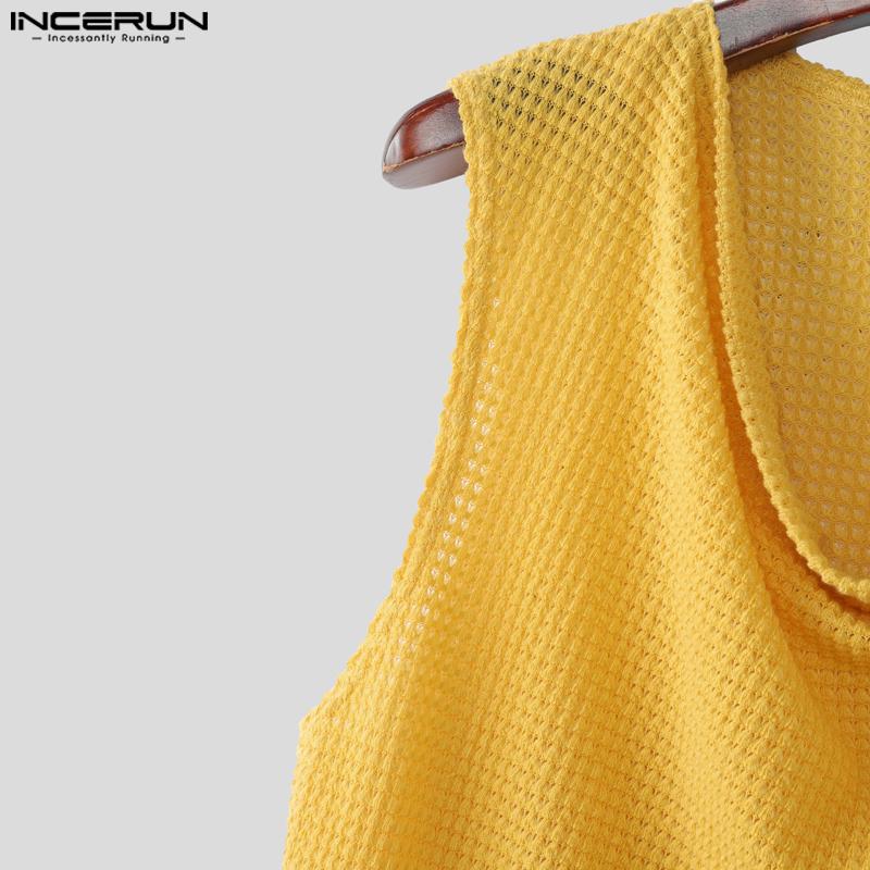 INCERUN Мужские майки без рукавов с отложным воротником, полупрозрачные, вафельной текстуры, облегающие