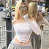 Sexy Slash Neck T Shirt Women Cotton Long Sleeves Cropped Tee Shirt Femme Slim T-shirt Female Black White Tops