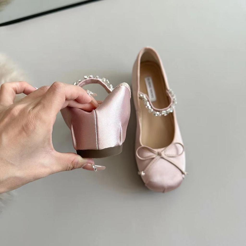 Sheepskin Version~ Small Inner Height Increase French Rhinestone Ballet Shoes Women's Shallow Mouth Single Shoes Bow Mary Jane Shoes