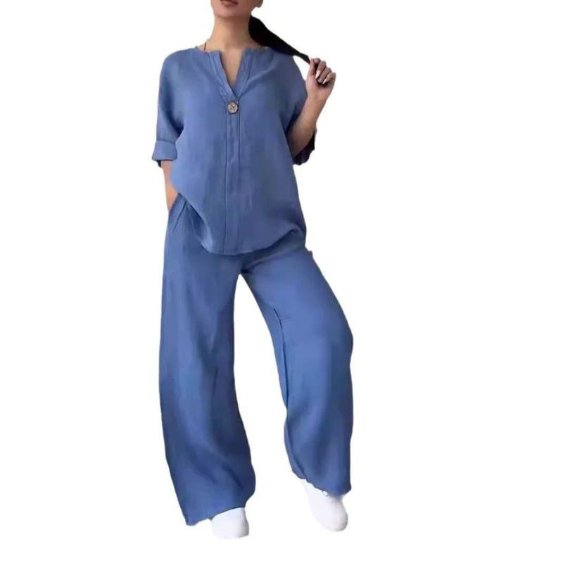 Solid Color Vneck Top Casual Suit Pants Solid Color and V-neck Tops Casual Suit Pants