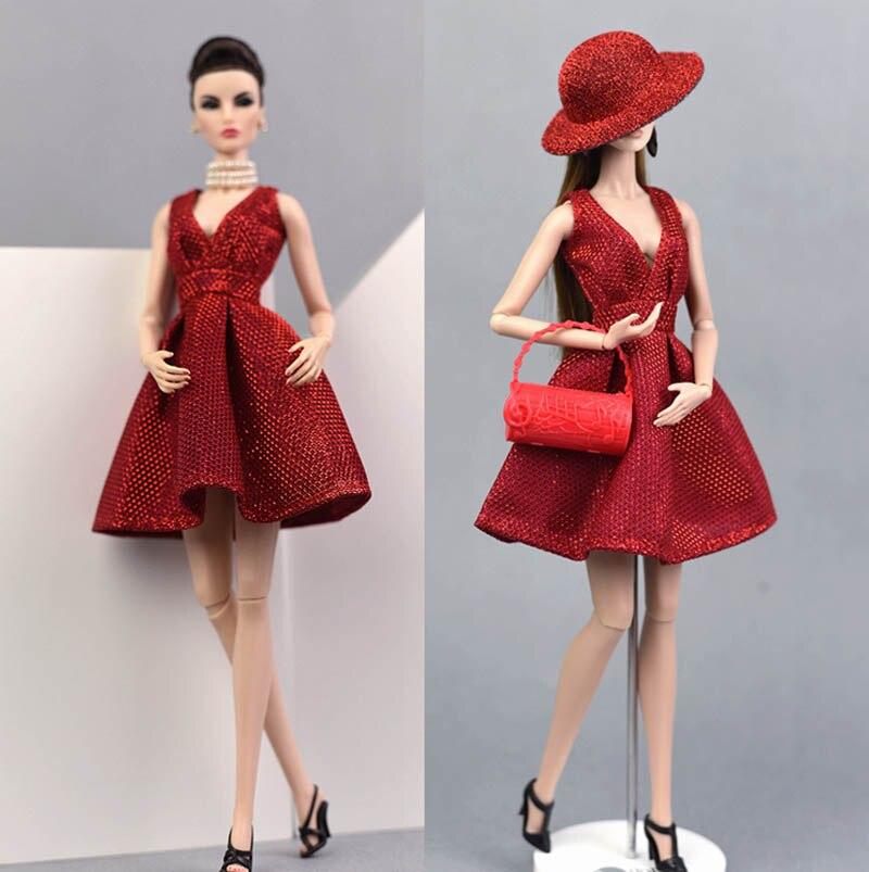 Кукольное платье для куклы Барби, одежда, наряд, вечернее платье с v-образным вырезом для кукольного домика Барби, шляпа, сумка, обувь, ботинки 1/6, аксессуары для кукол, малыш