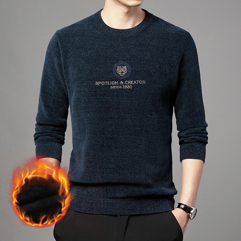 Трикотаж, мужской теплый свитер, Мужская молодежная утолщенная зимняя внутренняя одежда на флисовой подкладке, топ, рубашка с круглым вырезом