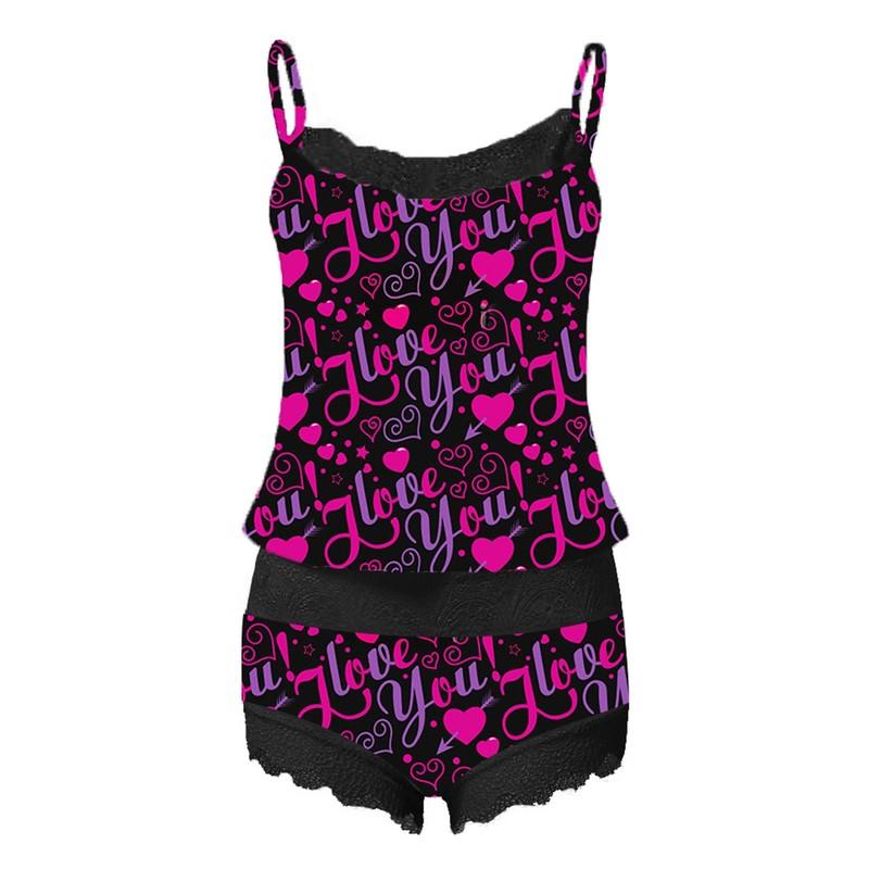 I Love You Printed Женская сексуальная пижама из двух предметов, комплект без рукавов, шорты, комплект нижнего белья на День святого Валентина, комплект одежды для сна