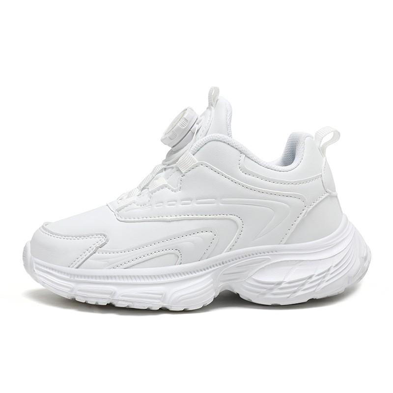 Kids White Black Sneakers School Sports Dance Running Shoes With Rotary Buckle Closure