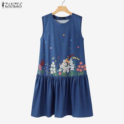 Женское летнее повседневное платье без рукавов с круглым вырезом и цветочным принтом