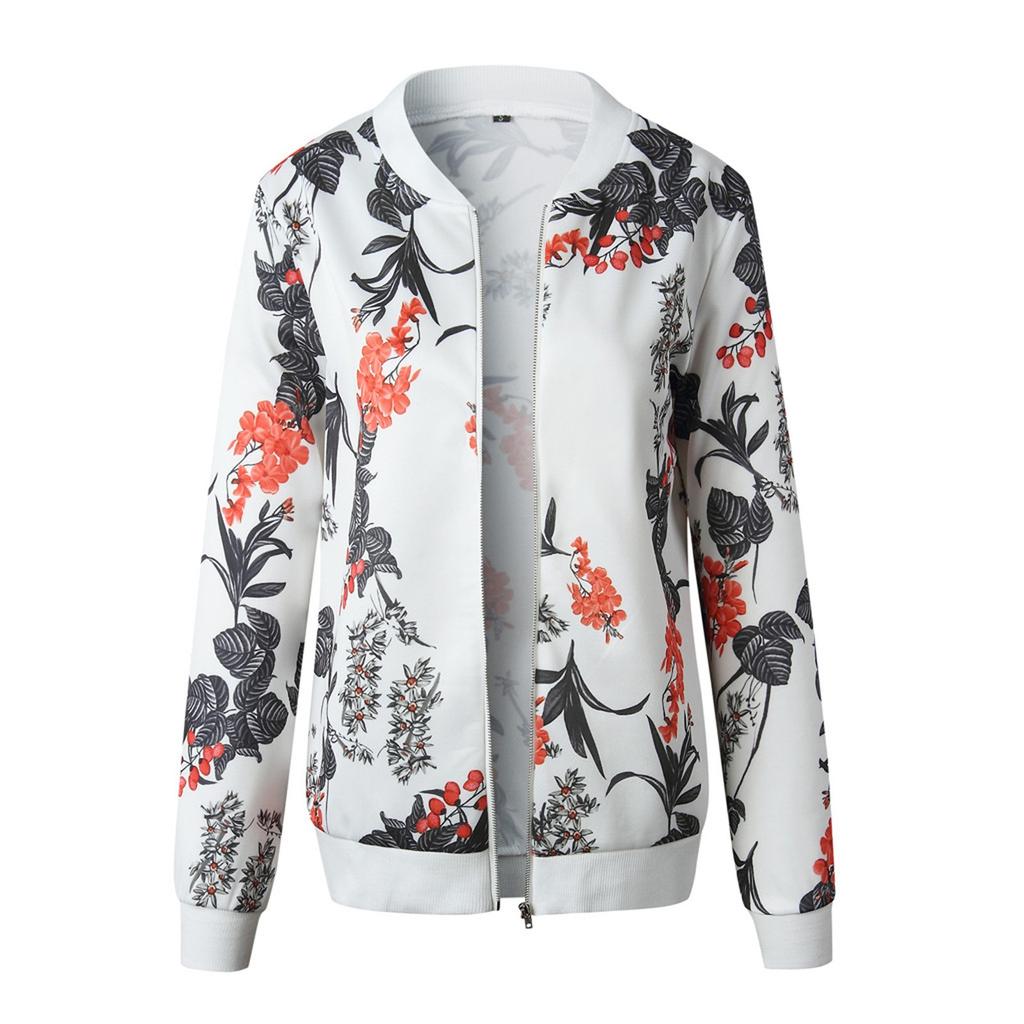 Womens Ladies Retro Floral Zipper Up Jacket Casual Coat Outwear