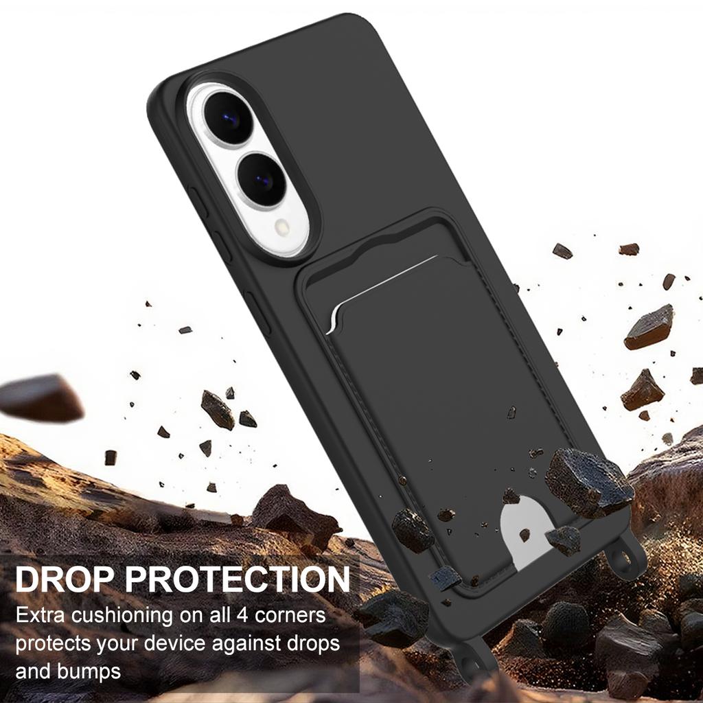 For Samsung Galaxy S25 Edge Liquid Silicone Case Phone Back Cover with Card Holder and Short Strap