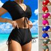 Solid Color Swimsuit Stylish Women's Summer Bikini Set with V-neck Top High Waist Drawstring Swimsuit 2 Piece Set for Beach