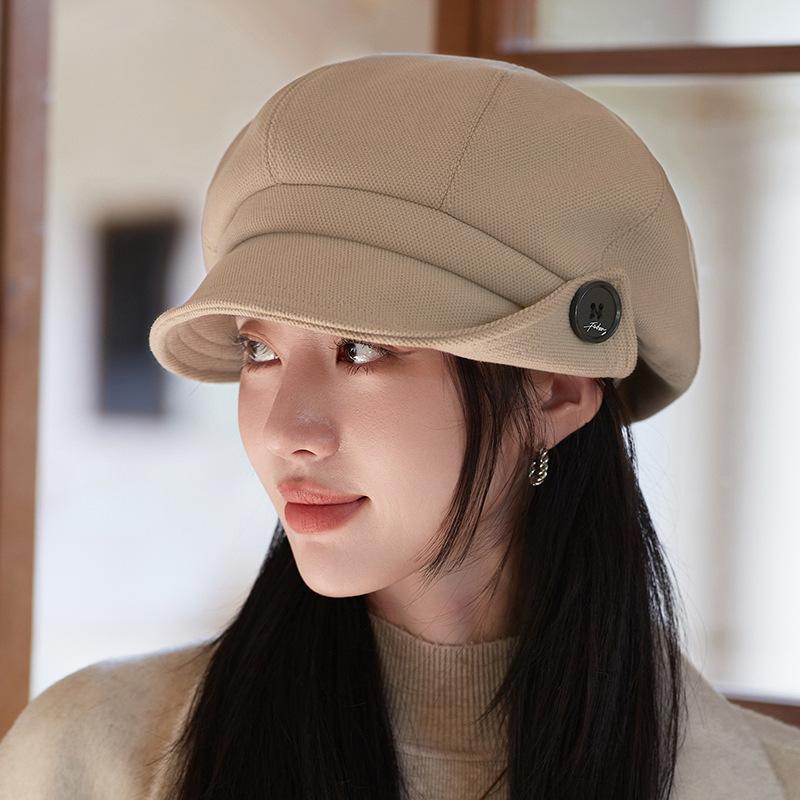 Autumn and winter new hat women's versatile button octagonal hat big head circumference show face small Internet celebrity painter hat beret
