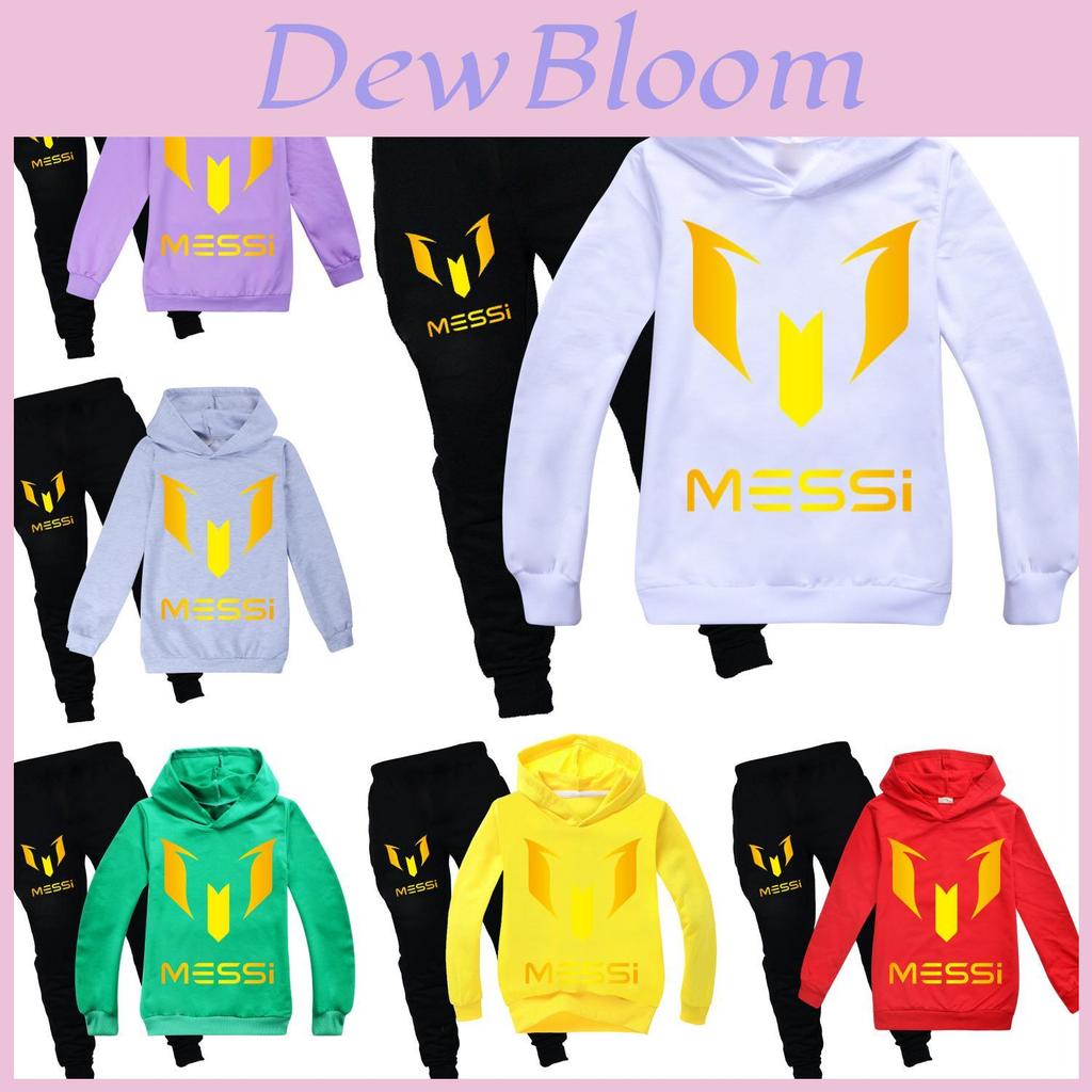 Messi Letter Print Cartoon Kids Hoodie And Pants Set With Cotton Fabric