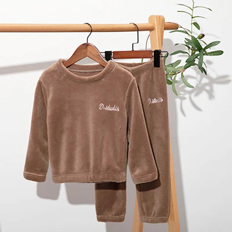 Children's Winter Thickened Warm Homewear Set Solid-Colour Round-Neck Pullover Top + Trousers Two-Piece Set Suitable for Outdoor Wear