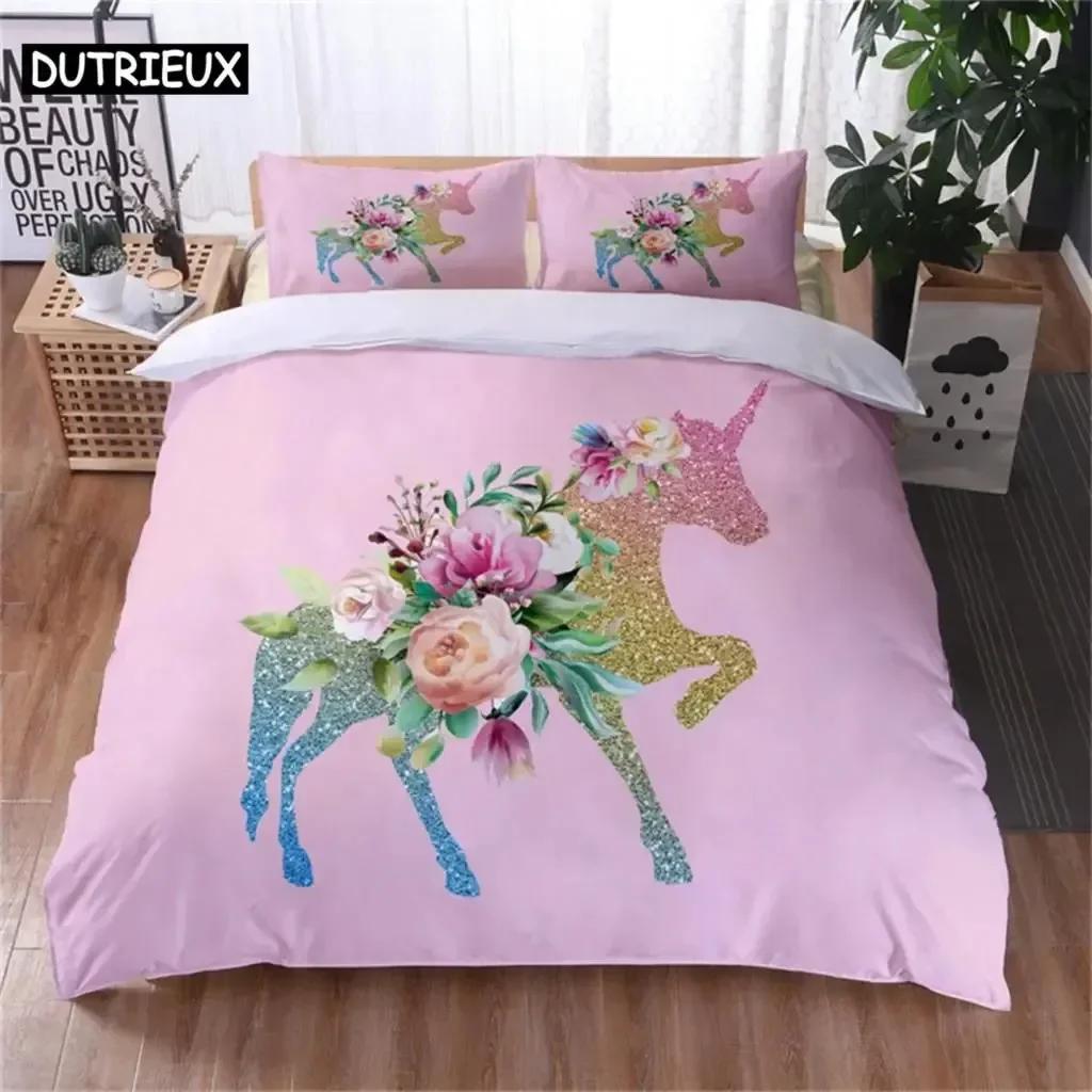 Luxury New 3D Print Colorful Luminous Unicorn Print Bedding Set Cartoon Animal Pattern Duvet Cover Bedroom Decor For Girls Gift