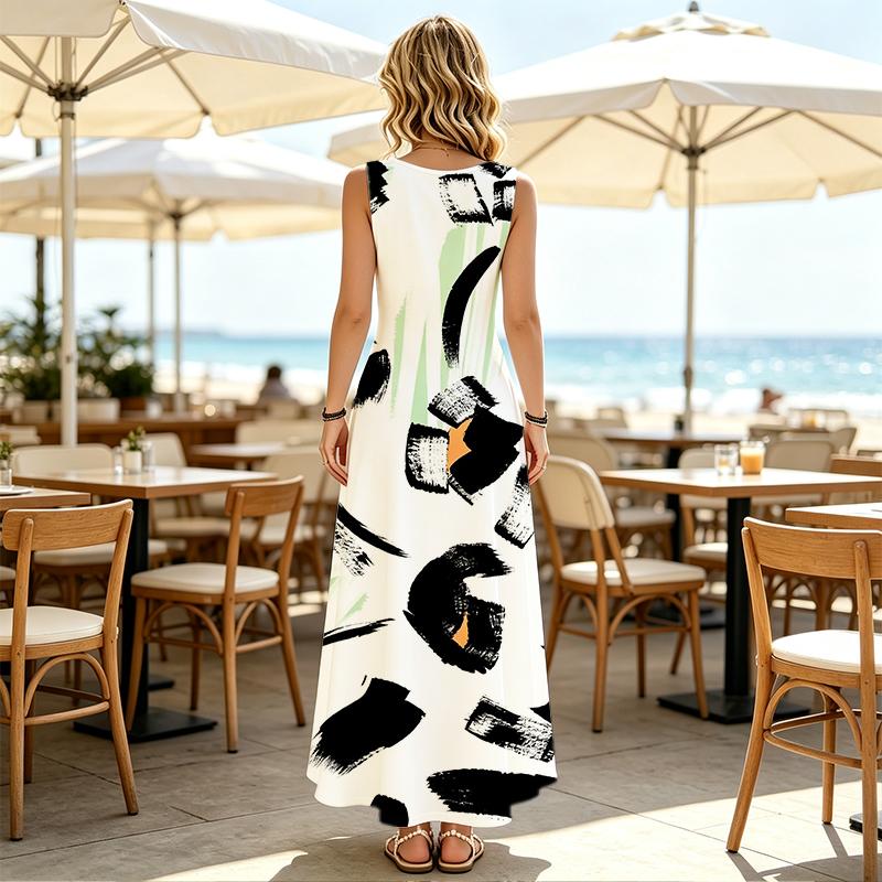Women's Sleeveless Long Tank Dress,Abstract Art Collection Beach Vacation Dress Loose Fit,Lightweight & Breathable,Versatile for Daily & Holiday Wear