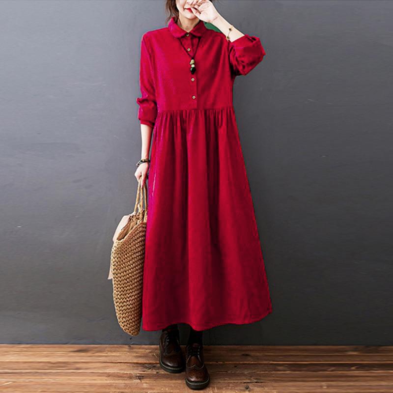 Осенние длинные вельветовые платья Literary Plus, свободное однотонное вечернее платье с длинным рукавом и лацканами для женщин