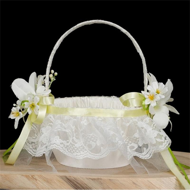 Элегантная свадебная корзина для цветов для церемонии, корзина для девочки-цветочницы с кружевной отделкой, удобная ручка для держания, корзина для цветов для невесты