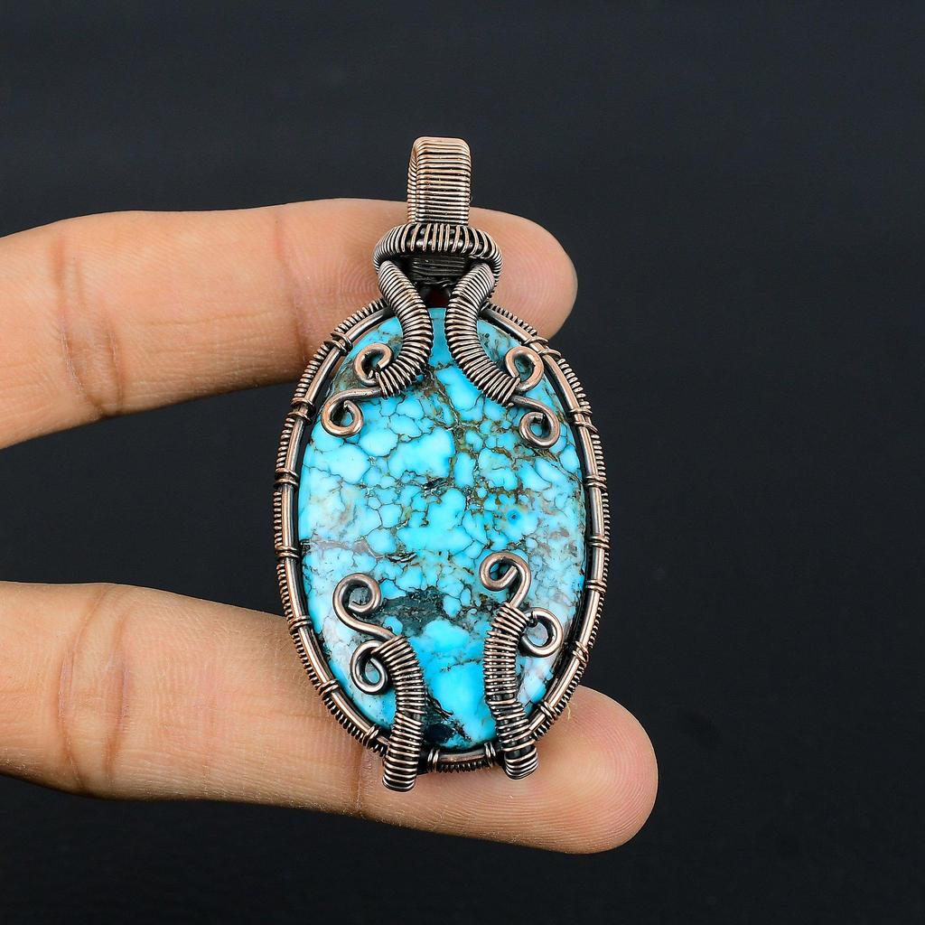Tibetan Turquoise Pendant, 999 Copper Wire Wrapped Gemstone Jewelry, Handmade Pendant, For Thanksgiving