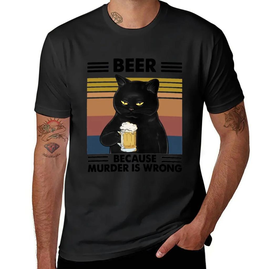 Funny Black Cat With Beer Vintage Art Beer T-Shirt boys whites anime clothes sweat mens graphic t-shirts pack