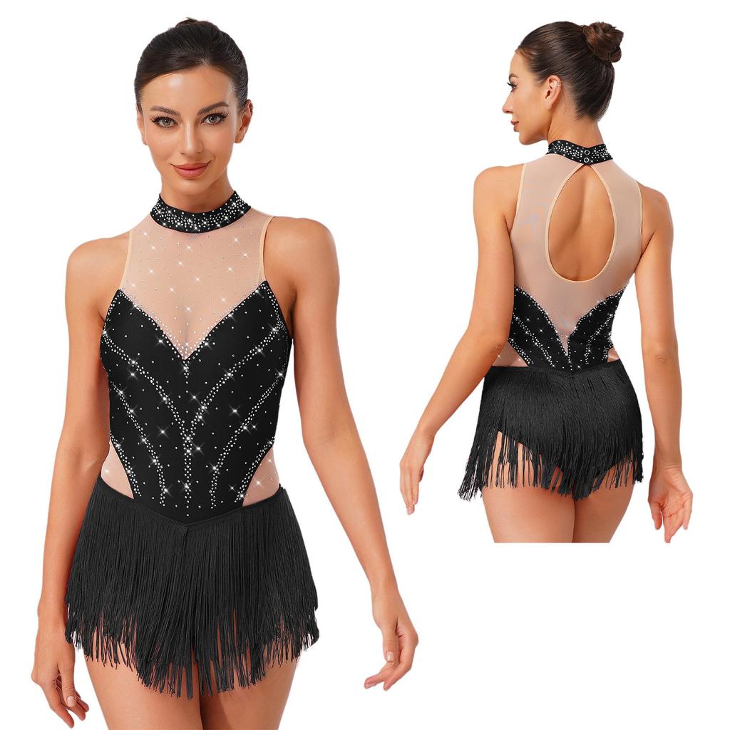 Боди с пайетками и бахромой для женщин, с завязками на шее, для джаза, латиноамериканских танцев, самбы, чачи, с кисточками, гимнастический костюм
