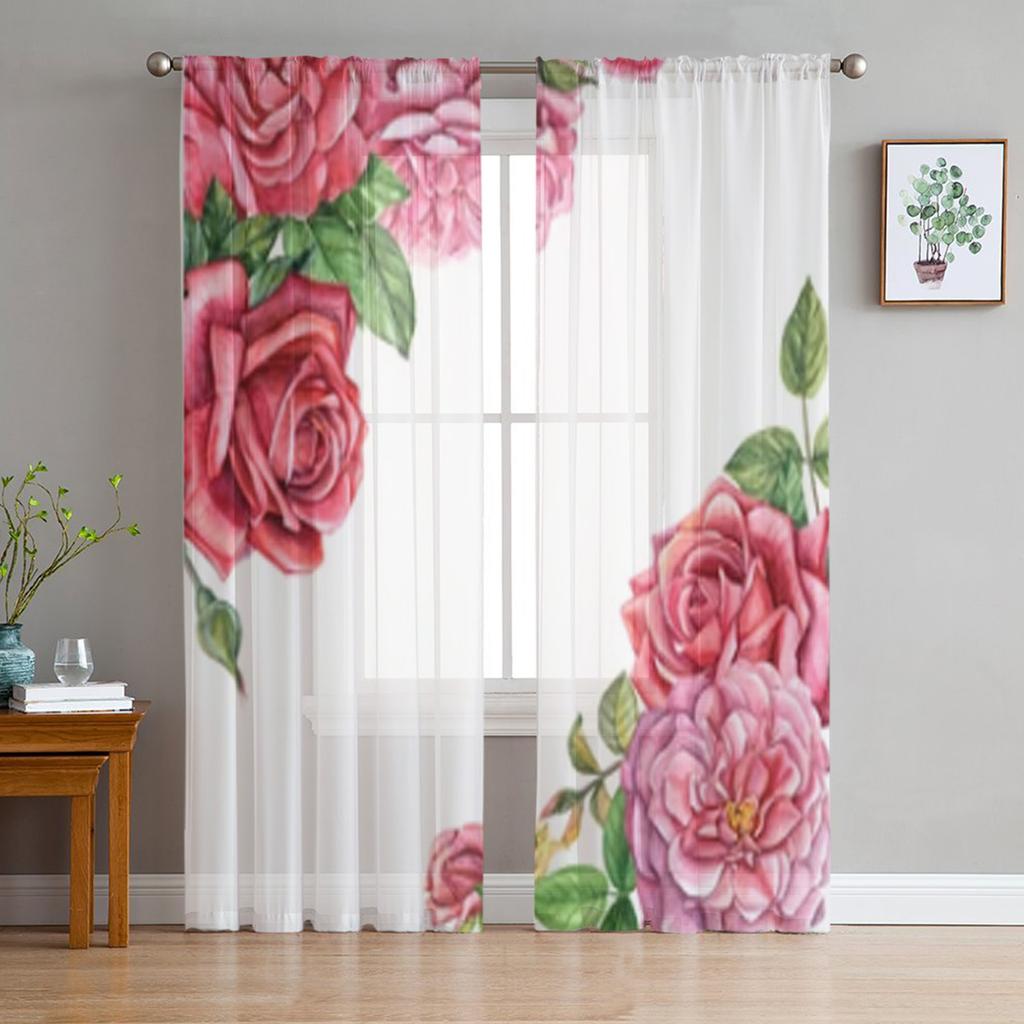 Roses Sheer Window Curtains For Living Room Bedroom Modern Voile Tulle Curtains Fabric Drapes For Kitchen