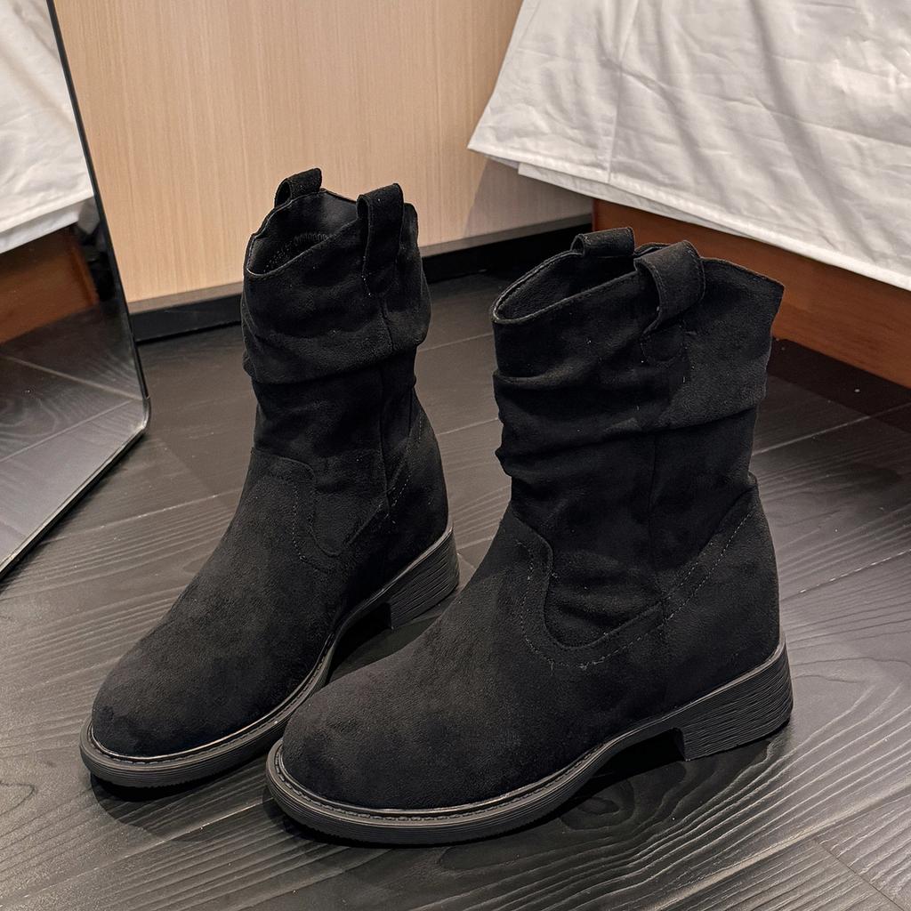 Ретро круглый носок короткие ботинки женские 2025 осень новая мода универсальные повседневные средней длины голенища плиссированные вестерн на меху мартинсы