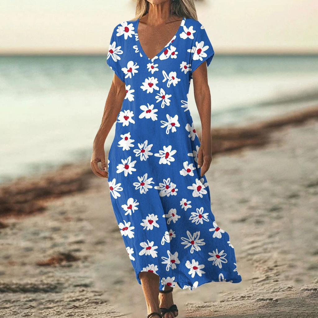 Fashion Women's Summer V-Neck Short Sleeve Floral Print Beach Dress