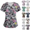 Plus SizePrinted Scrub Working Uniform Tops For Women's Cross V-Neck Halloween Print Short Sleeve Fun T-Shirts Workwear Tee With Pockets
