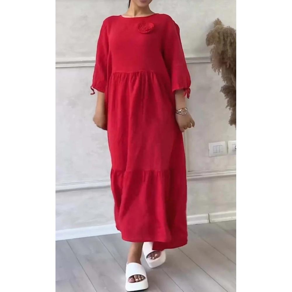 Женское однотонное повседневное длинное платье с круглым вырезом и длинными рукавами на шнуровке на шнуровке больших размеров