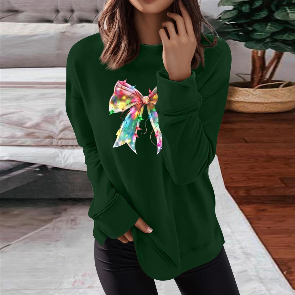 Women's Fashion Casual Christmas Bow Printed Round Neck Top