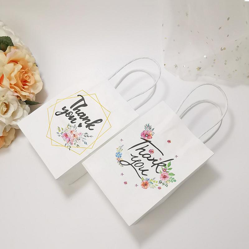24 шт. крафт-бумага, подарочная упаковка, сумка с цветочным принтом, спасибо, портативная бумажный пакет с лентами, хозяйственная сумка, праздничная сумка, подарочная сумка для вечеринки