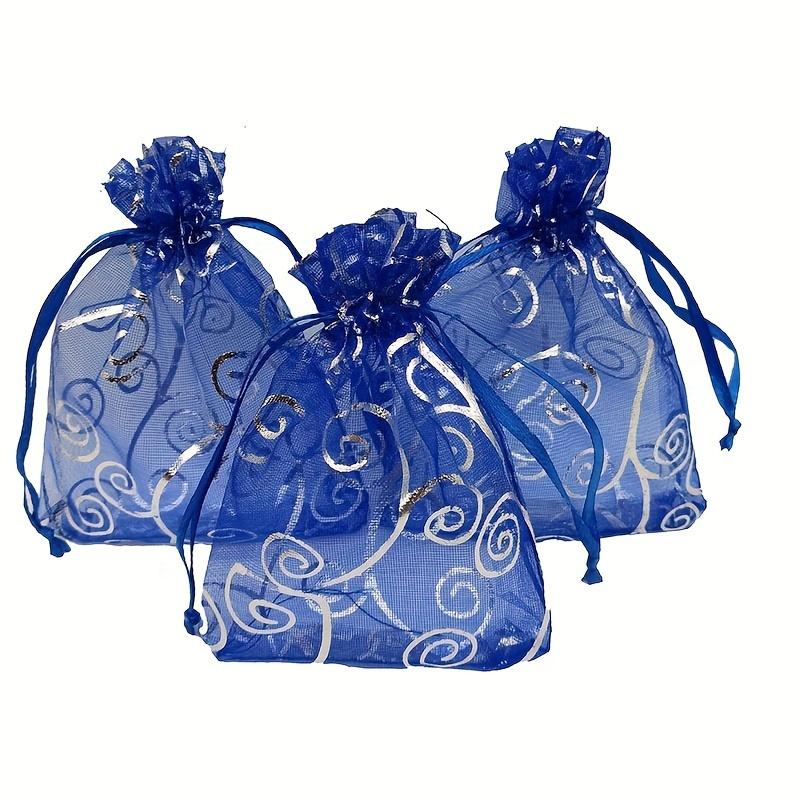 100 шт. темно-синие прозрачные органзовые мешочки для свадебного детского душа, подарочные мешочки с принтом из ротанга, демонстрационные мешочки на шнурке