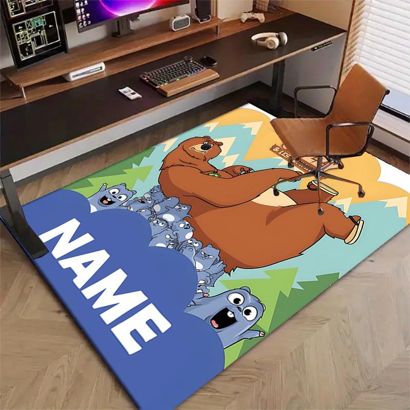 Custom Grizzy Bear Mat Personalized Name, Polyester Washable Indoor Entryway Rug, Gift for Christmas, Easter, Thanksgiving Day