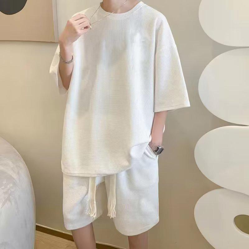 Мужской модный летний вафельный спортивный комплект из двух предметов