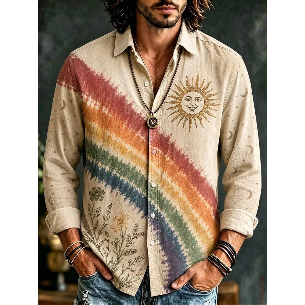 Men's Long Sleeved Shirt with Sun Rainbow Print Top, Versatile for Vacation and Travel, Fashionable and Comfortable Casual Shirt