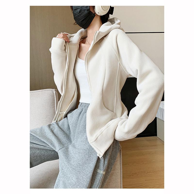 Женская спортивная куртка на молнии с капюшоном, осенне-зимняя, на флисовой подкладке, утолщенная, худи, однотонная, повседневная, свободная, кардиган