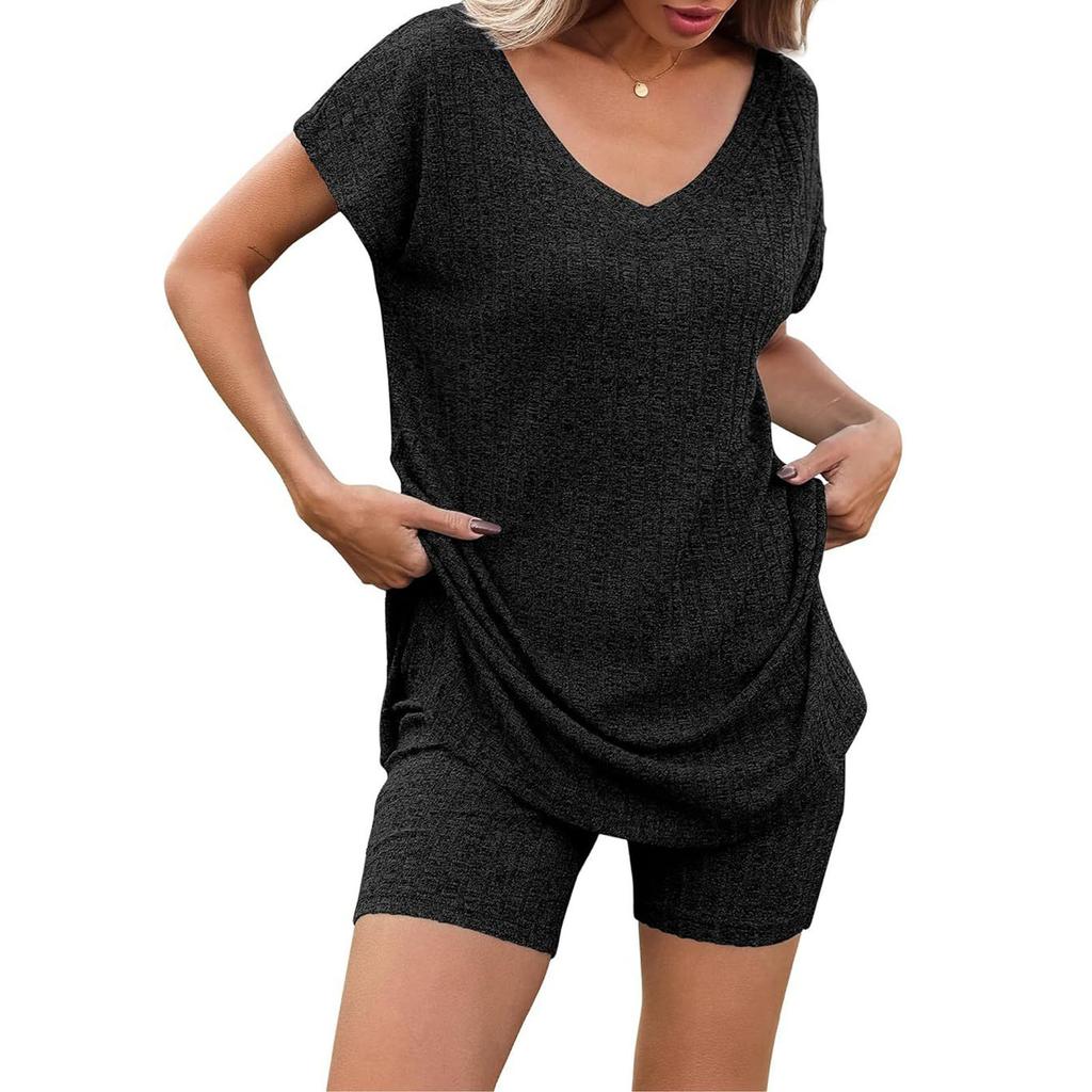 Женский летний комплект из двух частей с шортами, трикотажный домашний спортивный костюм с V-образным вырезом