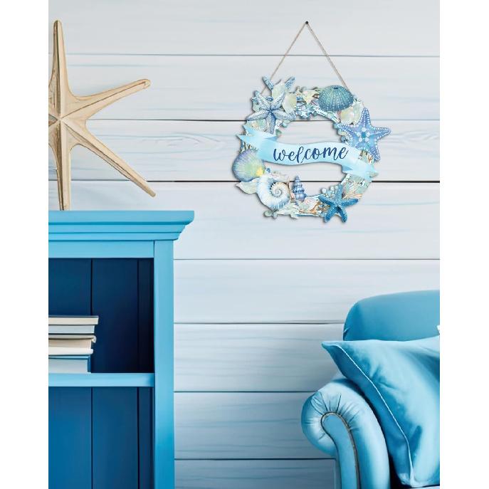 Putuo Decor Пляжные венки - Знак «Добро пожаловать в океан», Деревянный материал, Летний пляжный декор для входной двери, Дизайн с морской черепахой