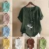 Women's Fashion Lovely Girl Prined Round Neck Short Sleeve T-shirt Casual Cotton Linen Graphic Shirt Leisure Loose Summer Blouse Tops Plus Size