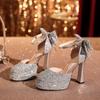 Y--Mary Jane Bow Double Waterproof Table Sequined Thick Heel with Hollow Sandals