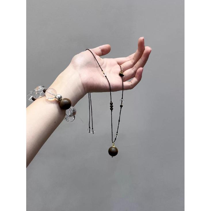Original natural agarwood large bead pendant with braided rope sweater chain, white crystal necklace, new Chinese style gift for men and women