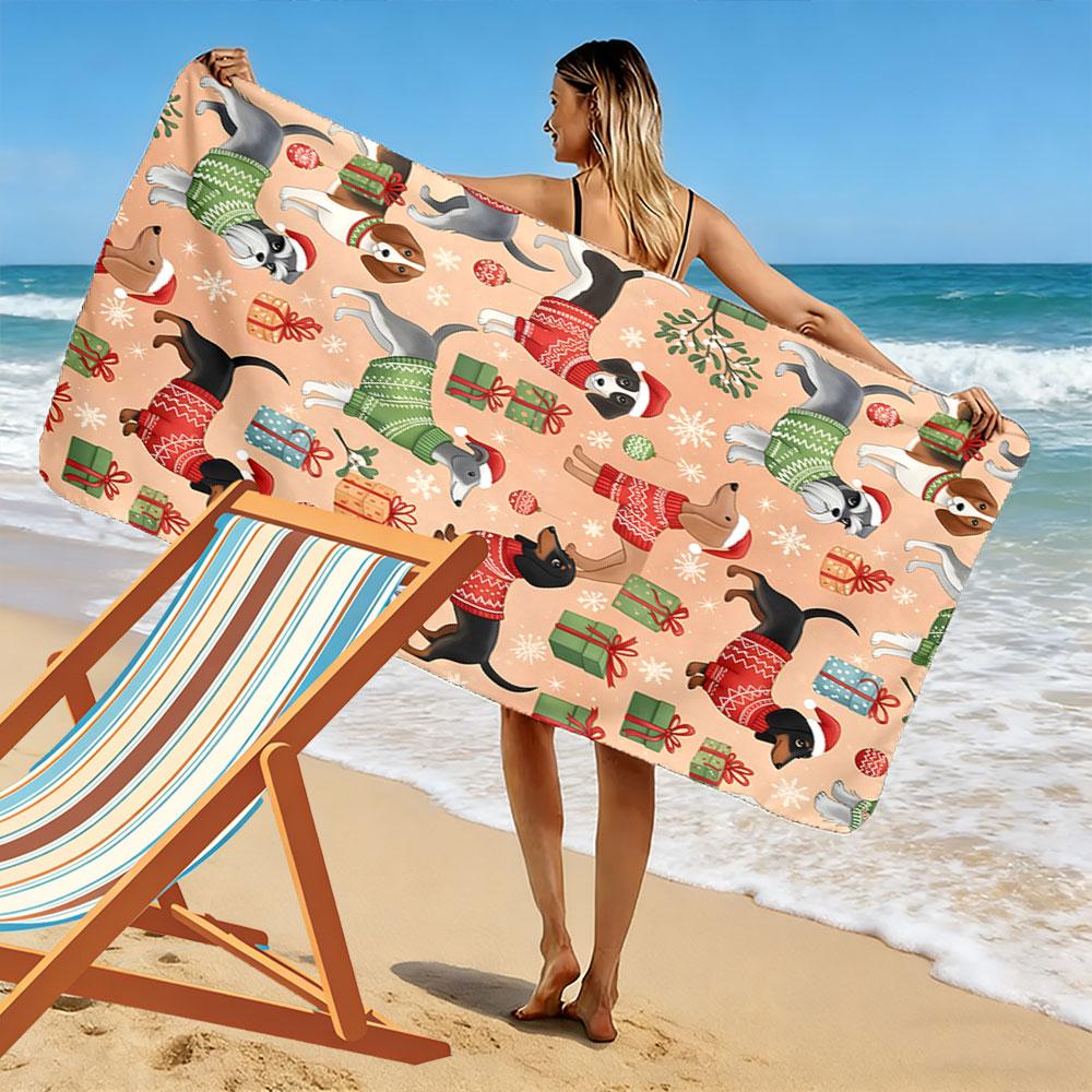 Festive dogs in sweaters Print beach towel, quick drying, suitable for travel, outdoor sports, jogging, the beach and swimming, gift