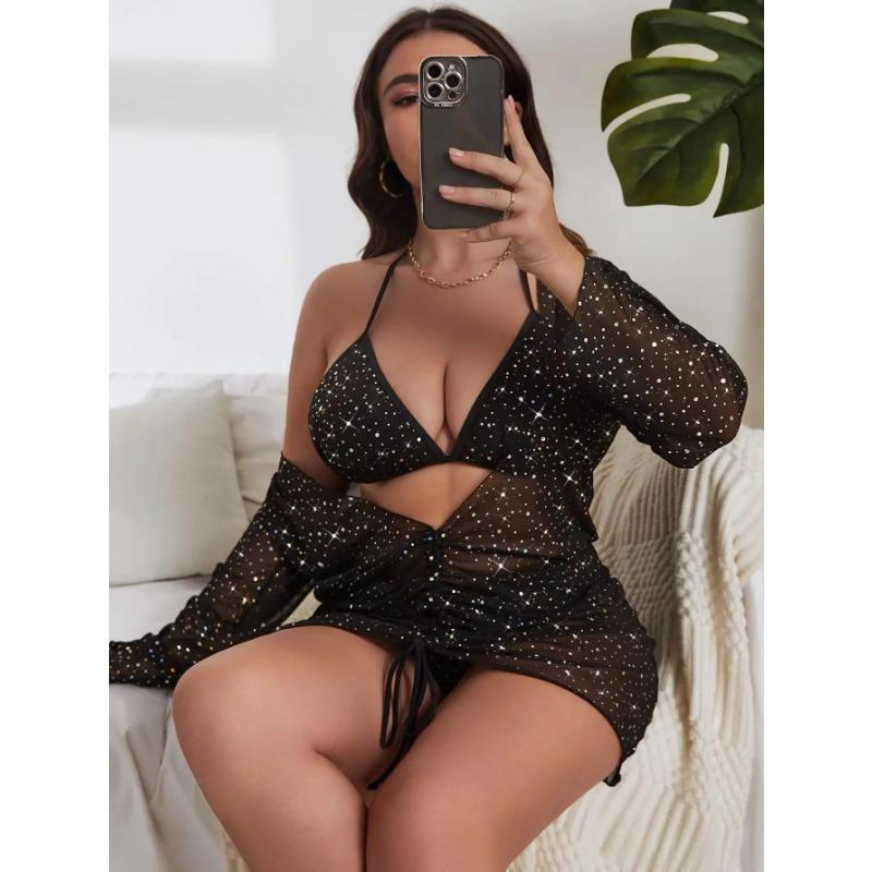 2025 Black 3 Piece Mesh Smock Plus Size Bikini Set Women Tied Halter Push Up Big Swimsuit Backless Chubby Bathing Suit