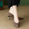 Fashion French Leopard-print Single Shoes Female Pointy Temperament Kitten with 2025 New Suede Mid-heel Pumps